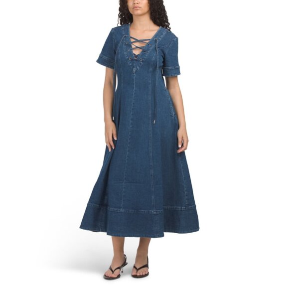 TOCCIN Indigo Dahlia Denim Laced Up Midi Dress